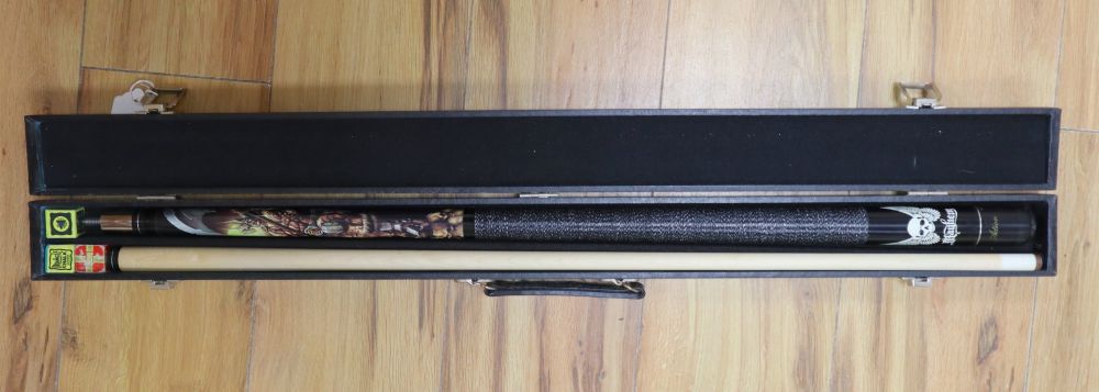 A Mayhem American pool two-section cue in BCE faux crocodile case